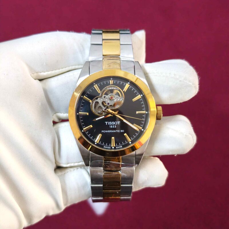 Tissot Gentleman Powermatic 80 Open Heart Gold Dual Tone Black Dial Automatic