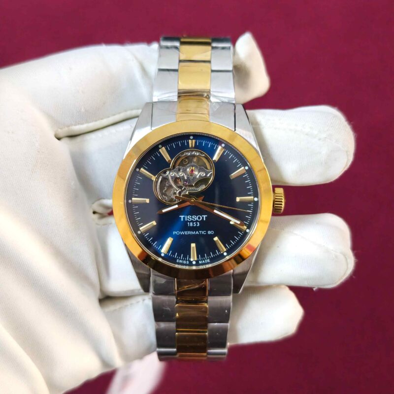 Tissot Gentleman Powermatic 80 Open Heart Gold Dual Tone Blue Dial Automatic