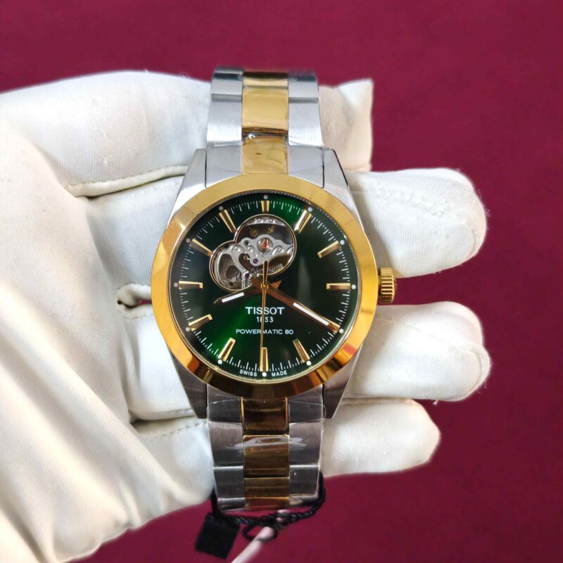 Tissot Gentleman Powermatic 80 Open Heart Gold Dual Tone Green Dial Automatic