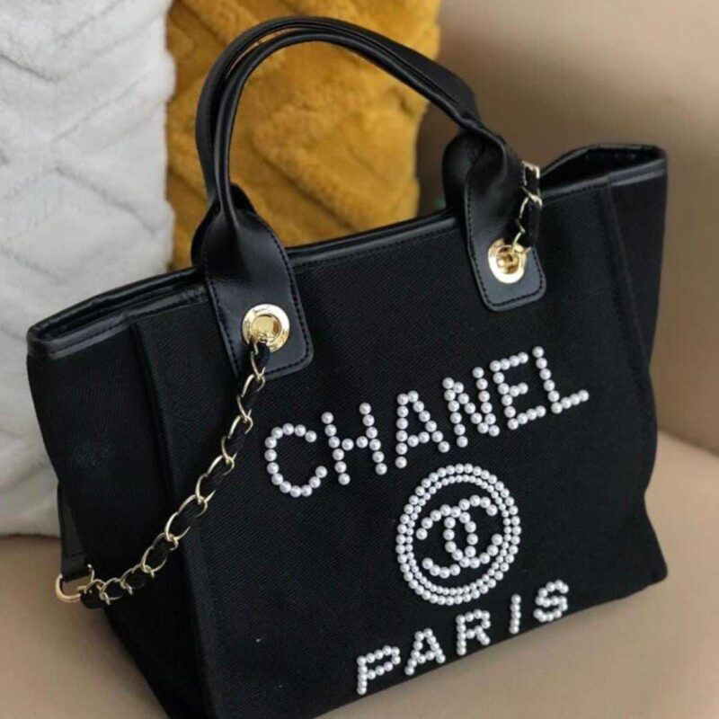 Chanel Deauville Large Size Tote 40cm with Pearl Embellishments Luxury Designer Canvas Handbag.
