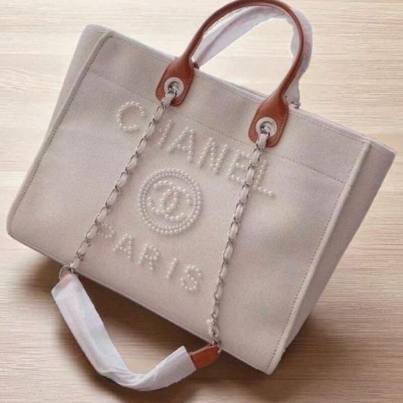 Chanel Deauville Large Size Tote 40cm with Pearl Embellishments Luxury Designer Canvas Handbag.