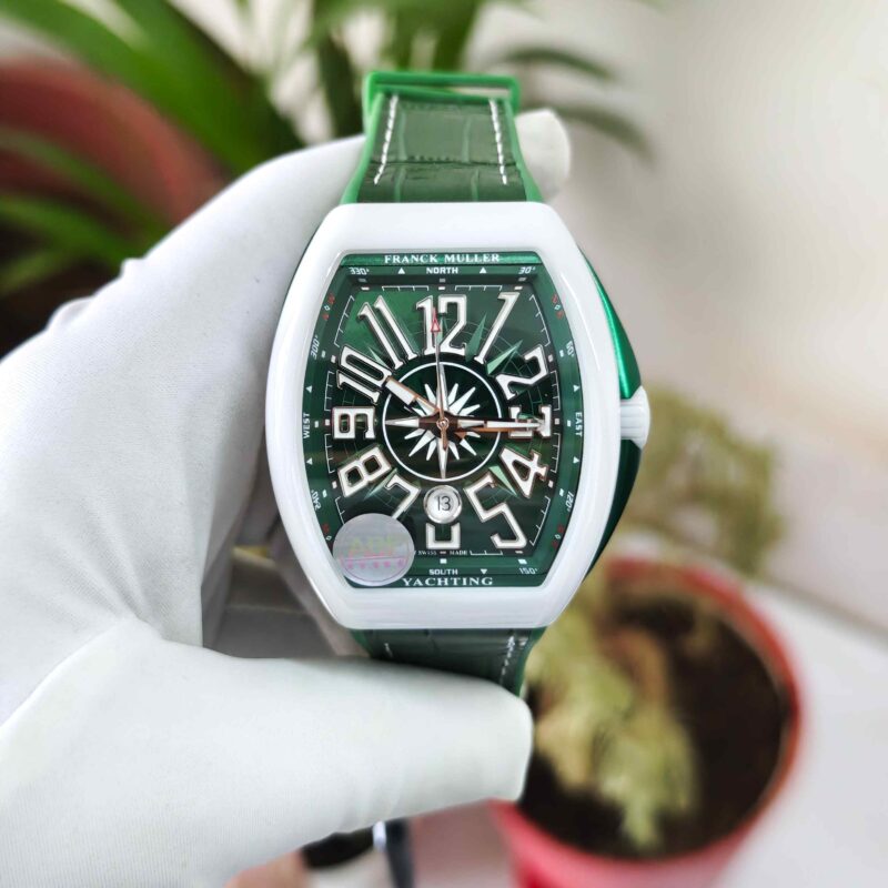 Franck Muller Vanguard V45 SC DT Yachting Ceramic Bazel Full Green Dial Leather Strap Swiss ETA Automatic