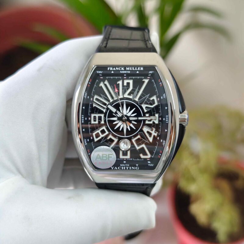 Franck Muller Vanguard V45 SC DT Yachting Steel Full Black Dial Leather Strap Swiss ETA Automatic