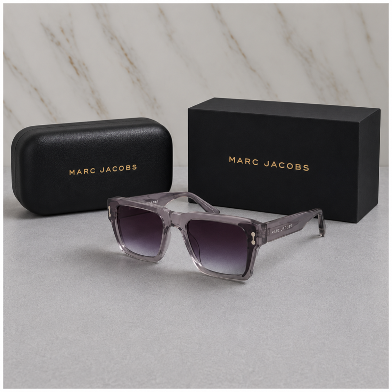 Marc Jacobs premium crystal grey square sunglasses featuring a stylish transparent crystal-grey frame and sophisticated grey lenses
