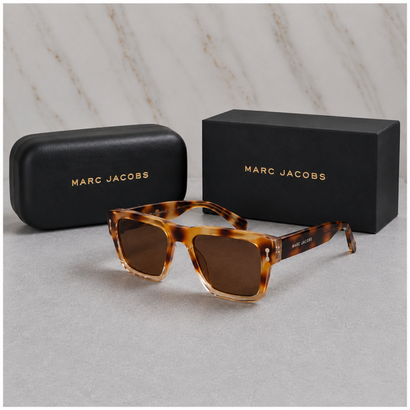 Marc Jacobs premium tortoise shell square sunglasses featuring a bold square frame, rich brown Havana-inspired tortoise pattern