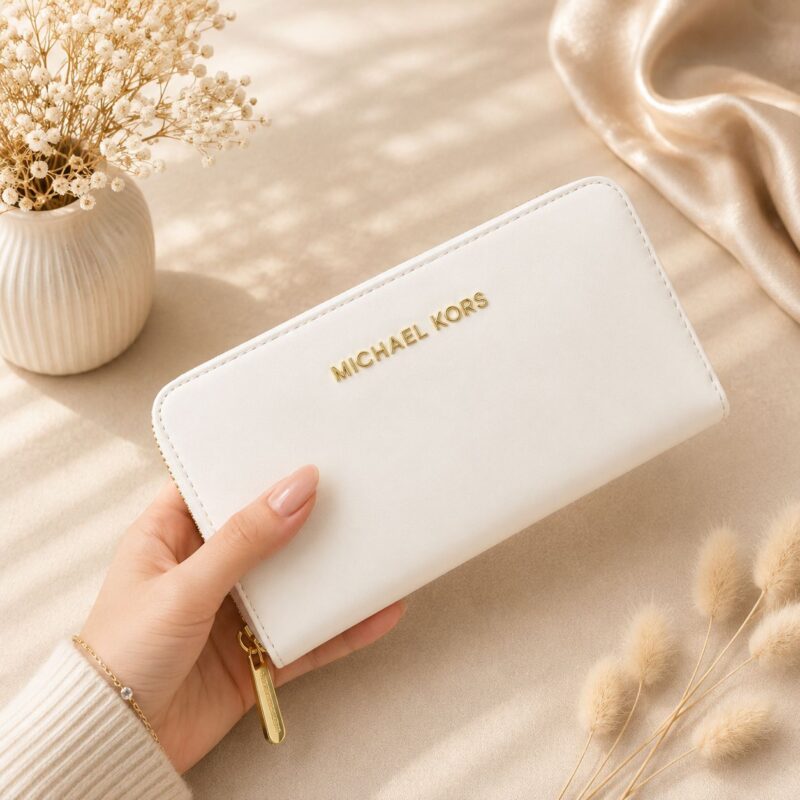 Michael Kors Jet Set Travel White Wallet in premium black leather with signature designer styling and spacious card compartments.