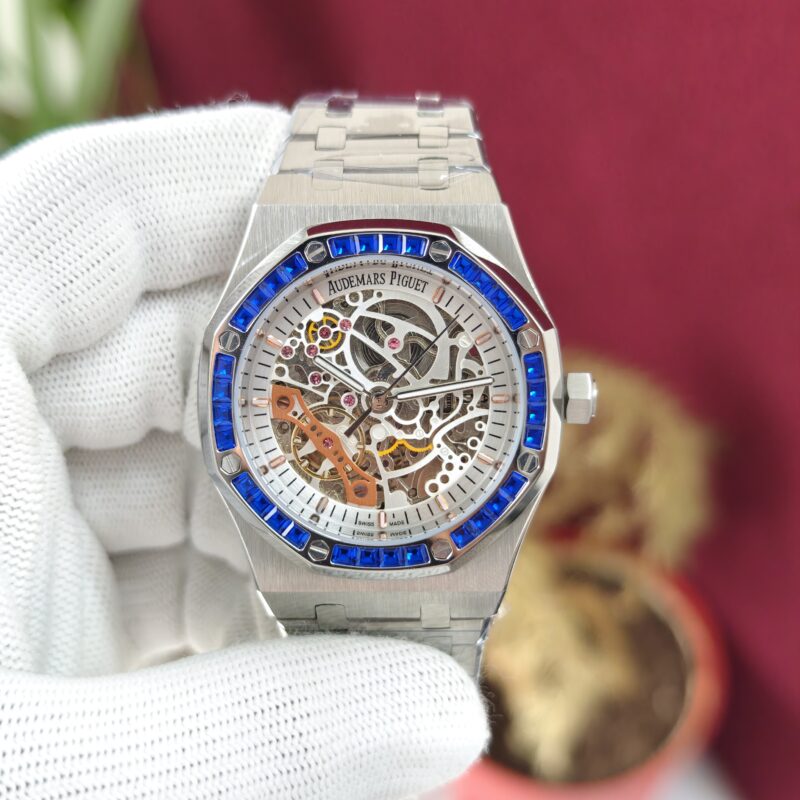 Audemars Piguet Royal Oak Double Balance Wheel Openworked Blue Bezel Swiss Automatic Luxury Watch with Skeleton Dial