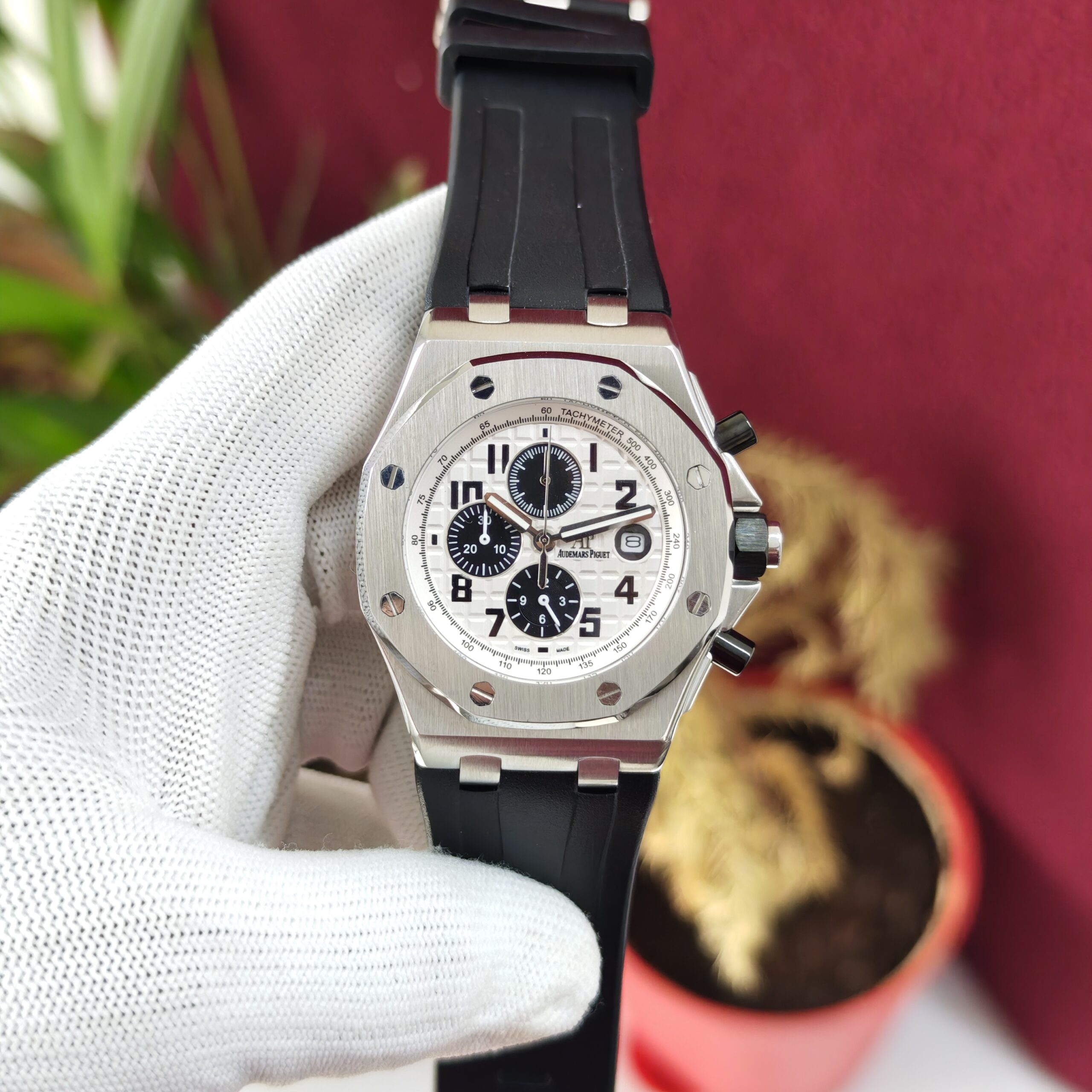 Audemars Piguet Royal Oak Offshore Black Chronograph with Silver White Dial, Swiss Automatic Movement and premium stainless steel case.