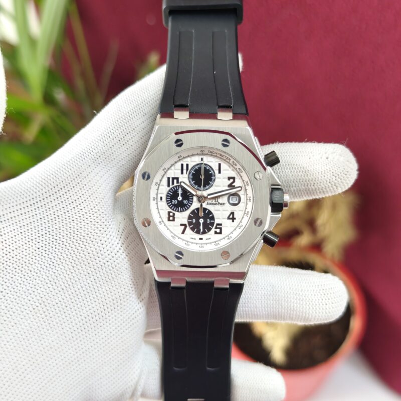 Audemars Piguet Royal Oak Offshore Black Chronograph with Silver White Dial, Swiss Automatic Movement and premium stainless steel case.