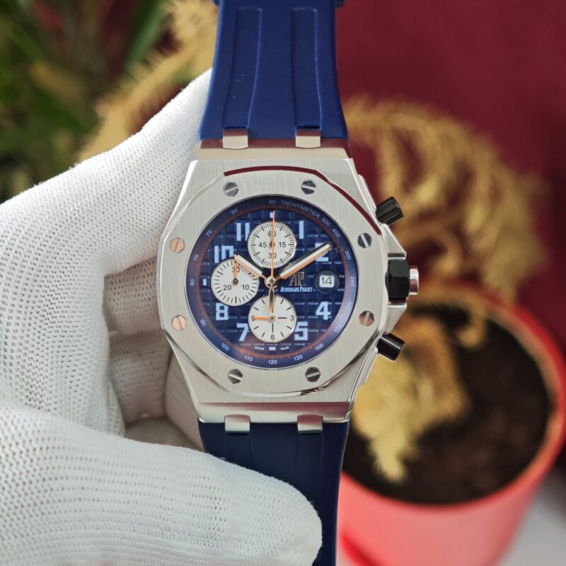 Audemars Piguet Royal Oak Offshore White Chronograph with blue dial, blue rubber strap, Swiss automatic luxury men's watch.
