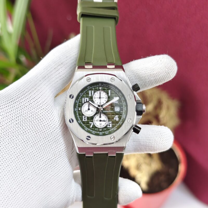 Audemars Piguet Royal Oak Offshore White Chronograph with Silver Green Dial and Green Rubber Strap Swiss Automatic Luxury Watch