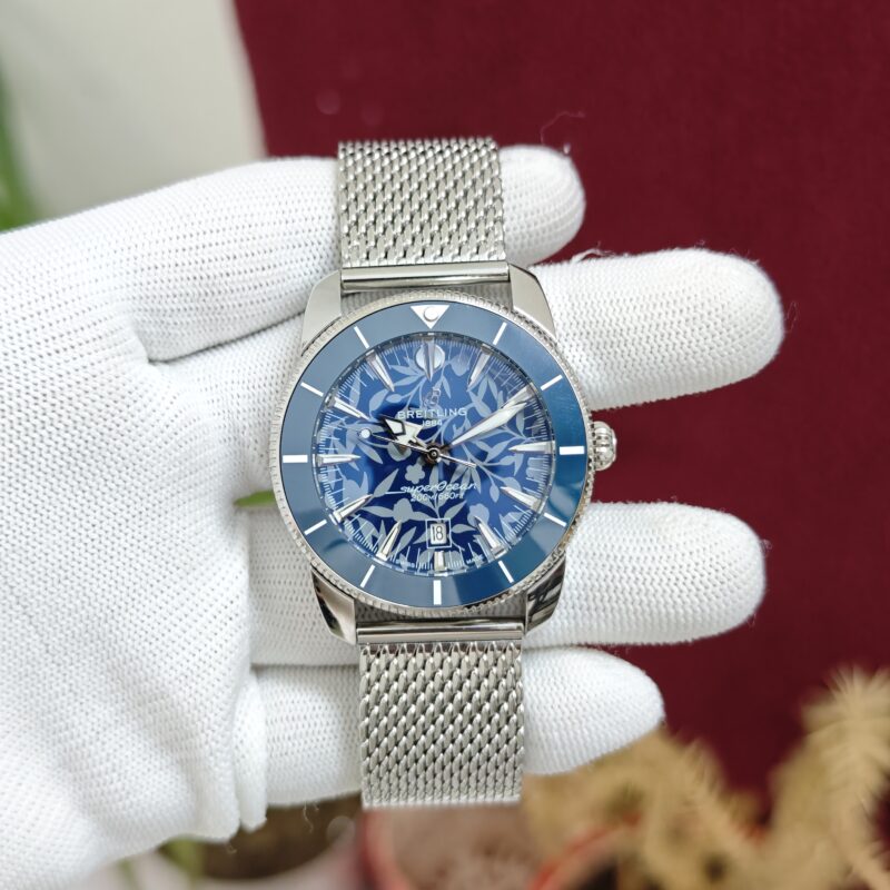 Breitling Superocean Blue Floral Dial with Stainless Steel Mesh Strap Swiss Quartz Watch