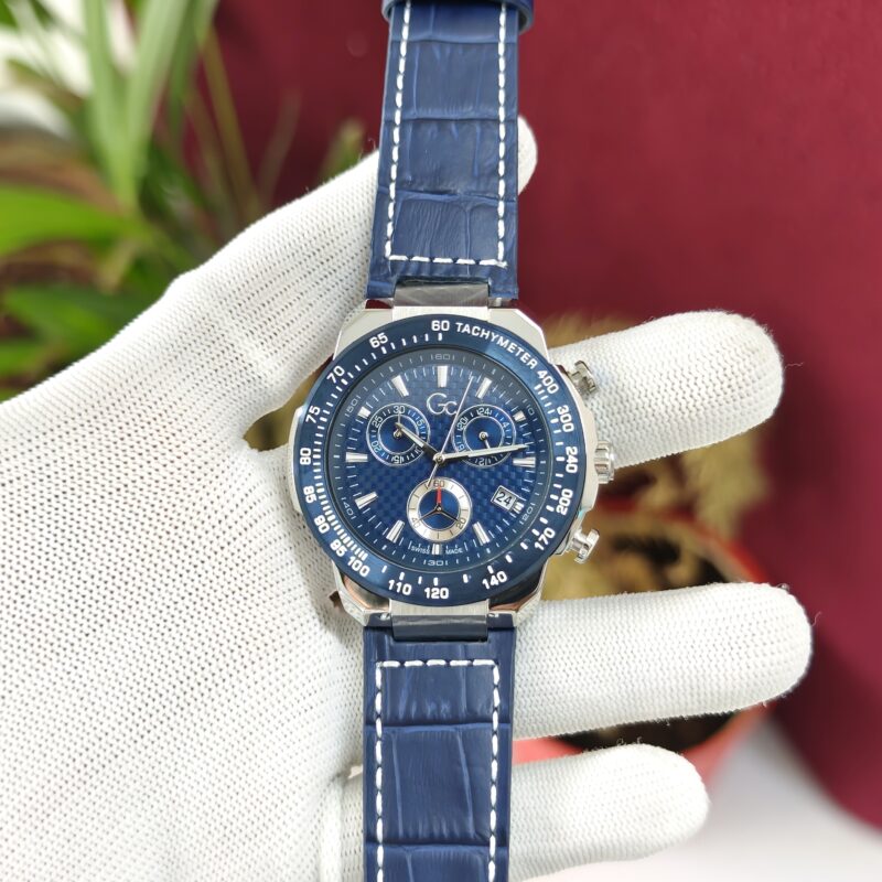 Gc First Class Chrono Steel Blue Dial Blue Leather Strap Swiss Quartz Watch for Men