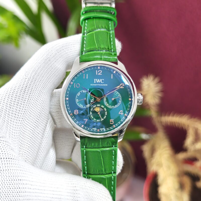 IWC Schaffhausen Portugieser Perpetual Calendar 42 Green Dial Swiss Automatic Watch with luxury stainless steel case and elegant green dial.