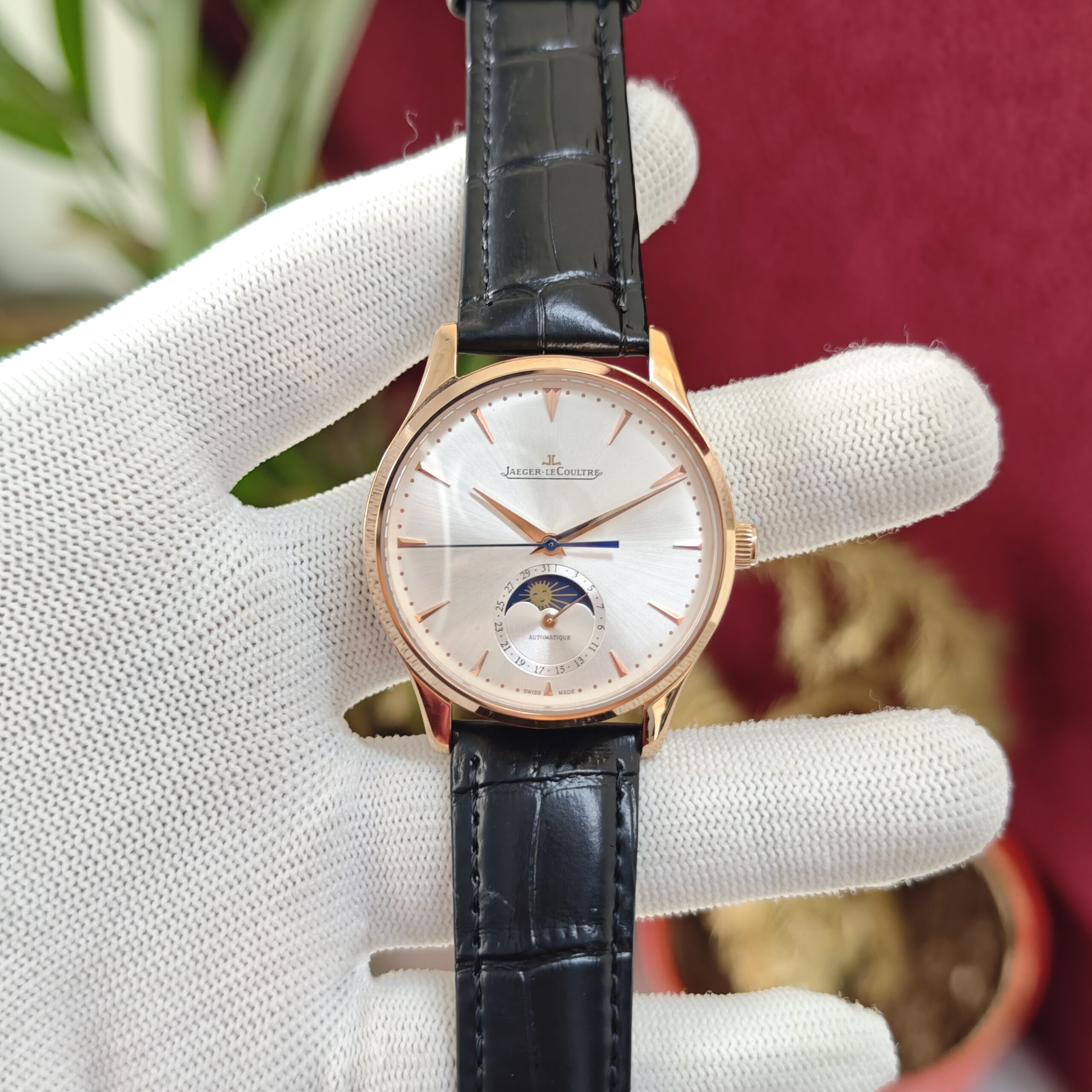 Jaeger-LeCoultre Master Control Moon Phase Rose Gold Grey Dial Leather Strap Swiss Automatic Luxury Watch