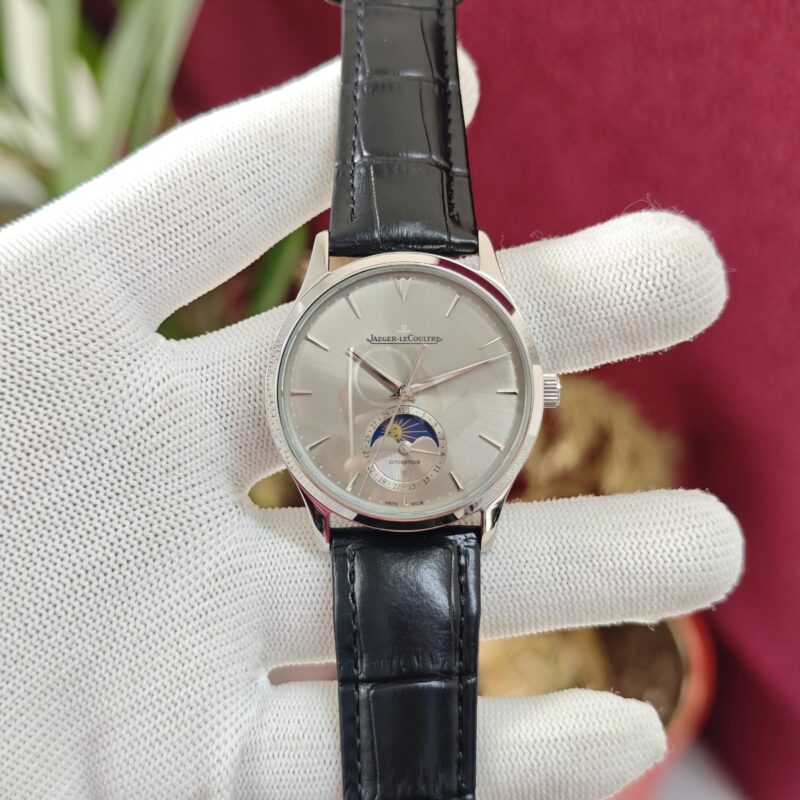 Jaeger-LeCoultre Master Control Moon Phase Steel Grey Dial Swiss Automatic Watch with stainless steel case and elegant moon phase display.