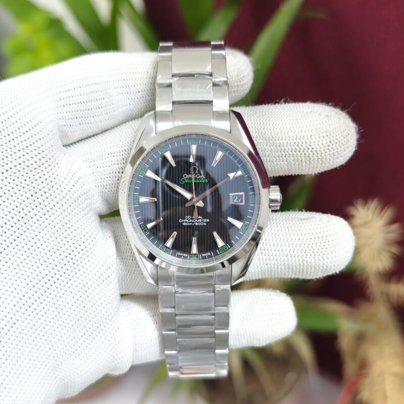 Omega Seamaster Aqua Terra Co-Axial Chronometer Black Dial Swiss ETA Automatic Watch with stainless steel bracelet and sapphire crystal.