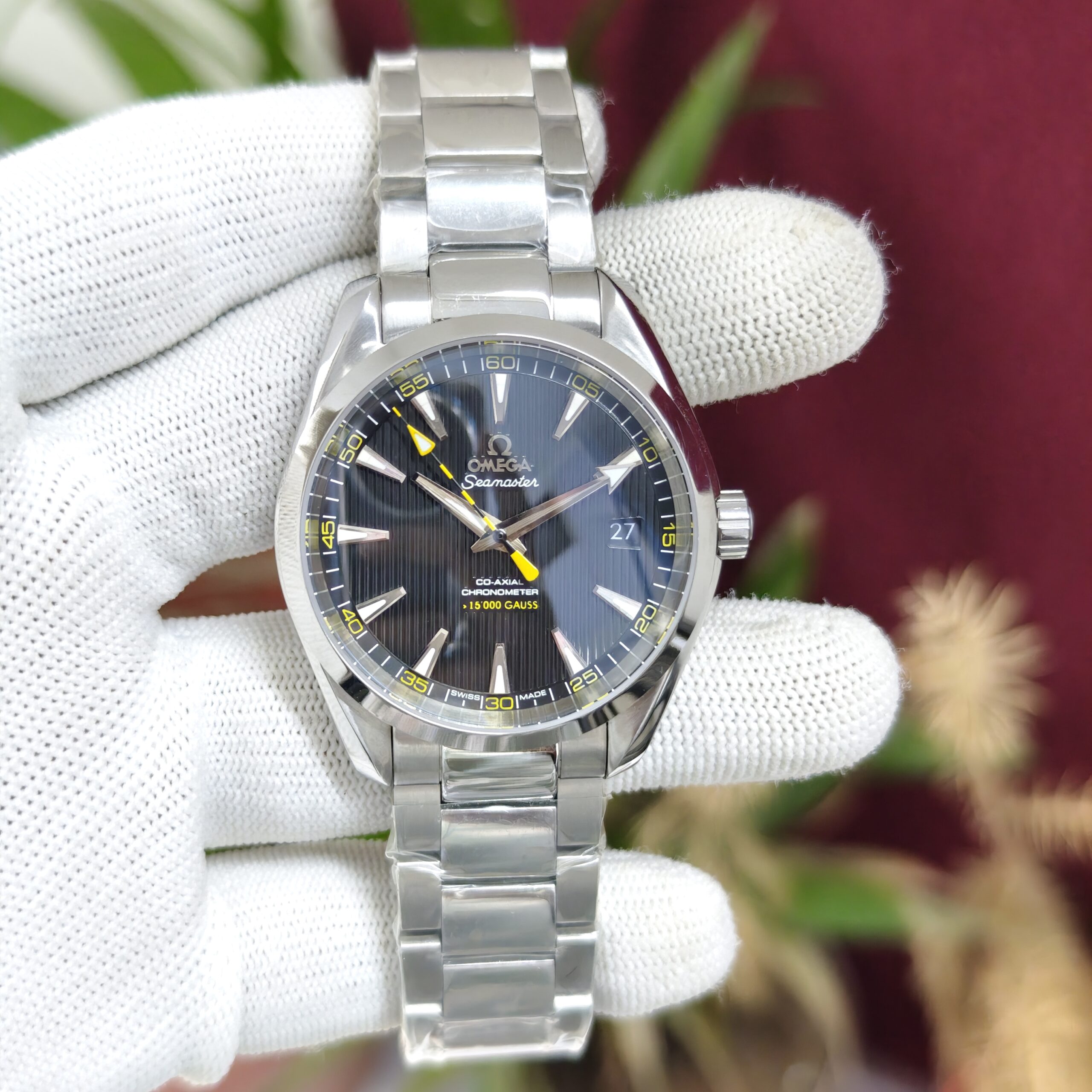 Omega Seamaster Aqua Terra Co-Axial Master Chronometer Black Dial Swiss ETA Automatic Watch with stainless steel bracelet and sapphire crystal.