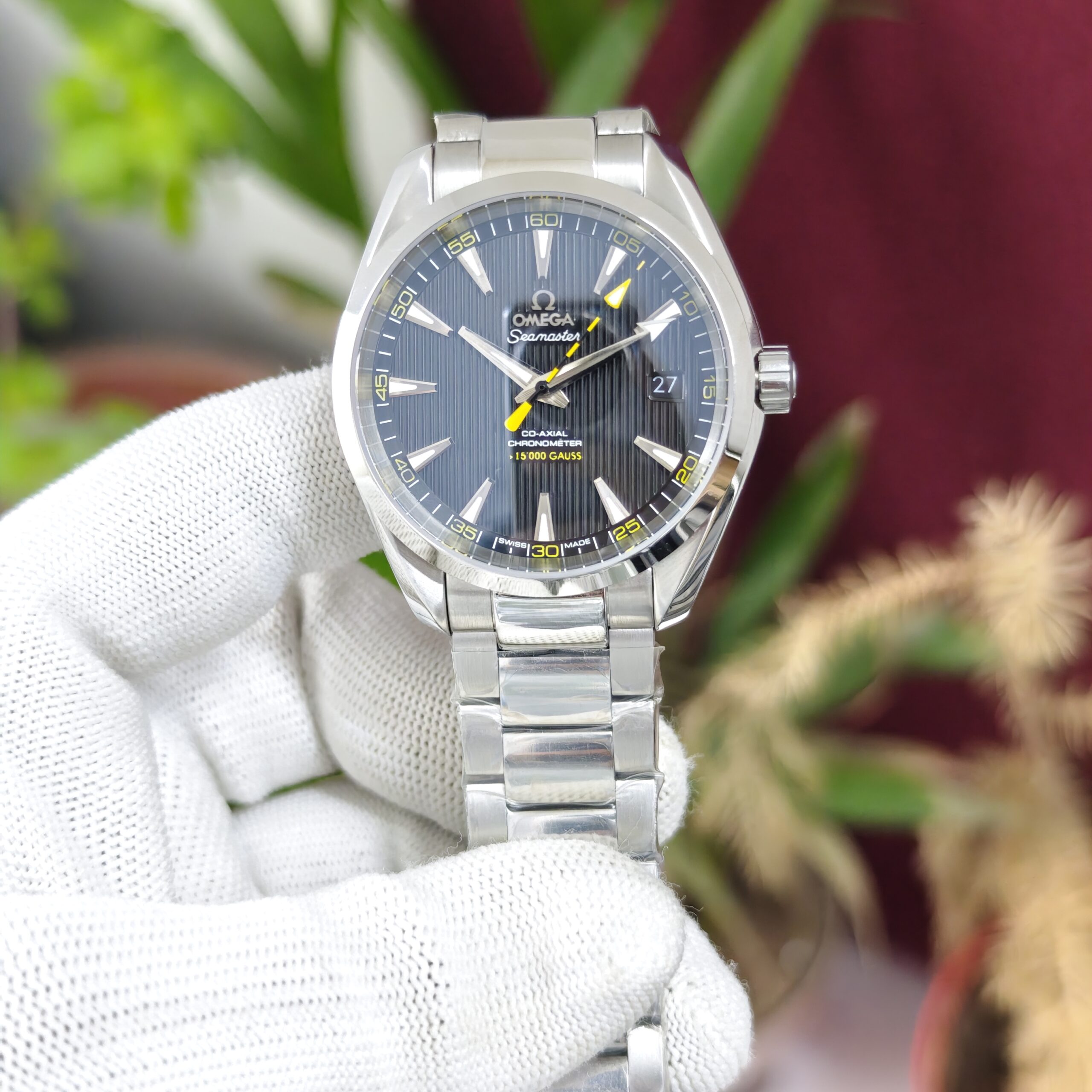 Omega Seamaster Aqua Terra Co-Axial Master Chronometer Black Dial Swiss ETA Automatic Watch with stainless steel bracelet and sapphire crystal.