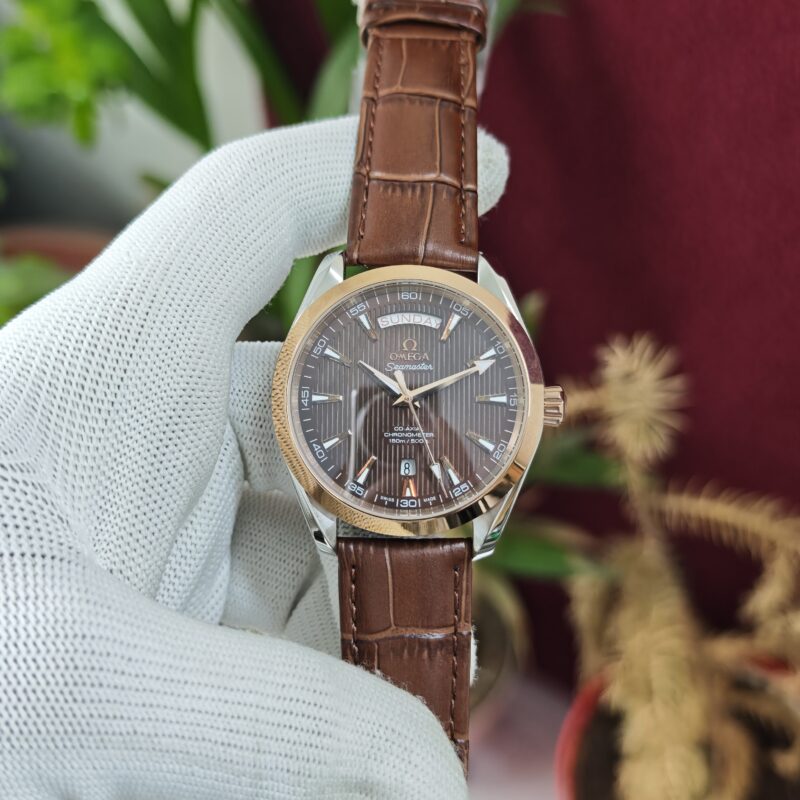 Omega Seamaster Aqua Terra Day-Date Brown Dial Leather Strap Swiss Automatic Luxury Men's Watch with Sapphire Crystal.
