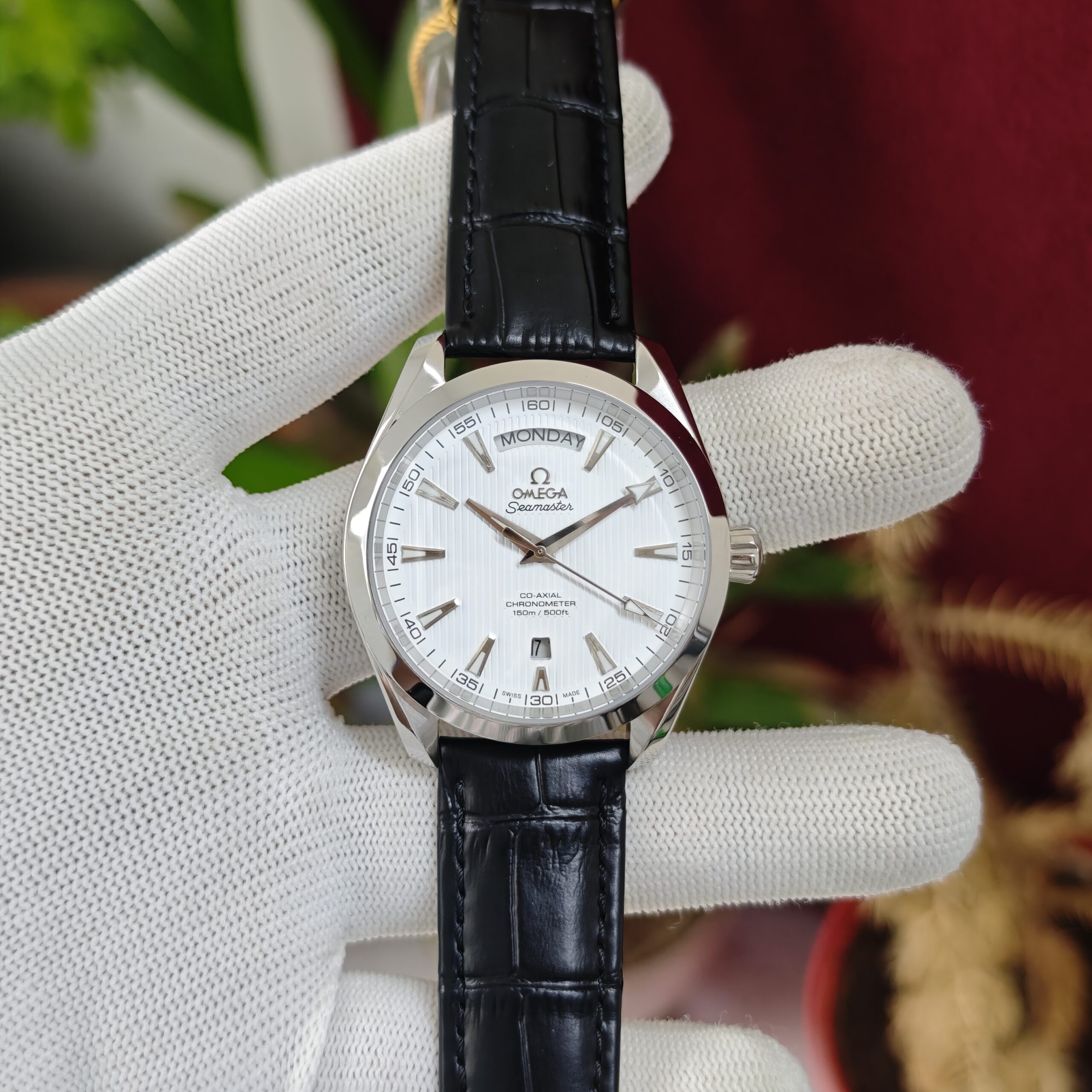 Omega Seamaster Aqua Terra Day-Date Steel Full White Dial Leather Strap Swiss Automatic Watch with elegant luxury styling.