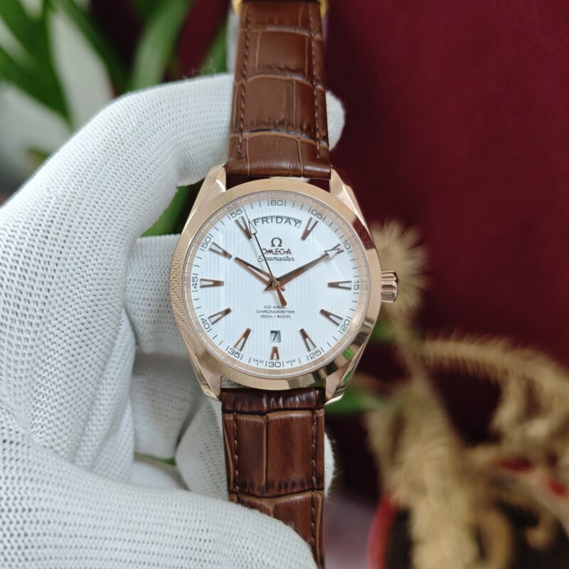 Omega Seamaster Aqua Terra Day-Date White Dial Swiss Automatic Watch with Brown Leather Strap and Sapphire Crystal.