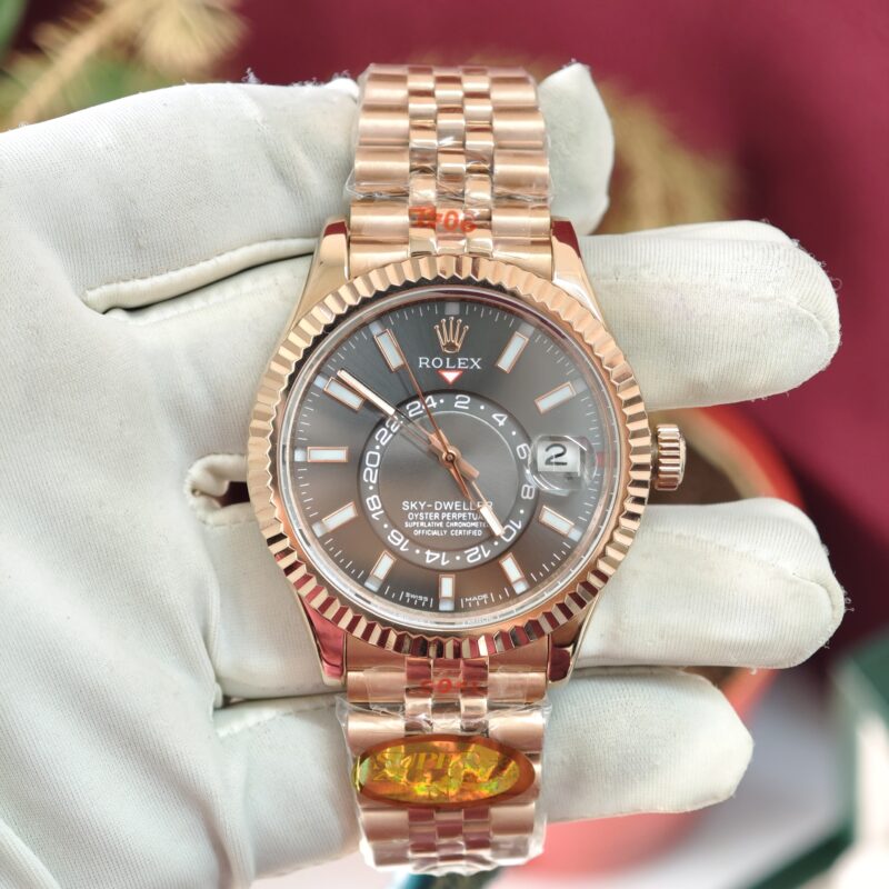 Rolex Sky-Dweller Rose Gold watch with grey dial featuring Swiss ETA Calibre 9001 automatic movement and premium luxury finish.