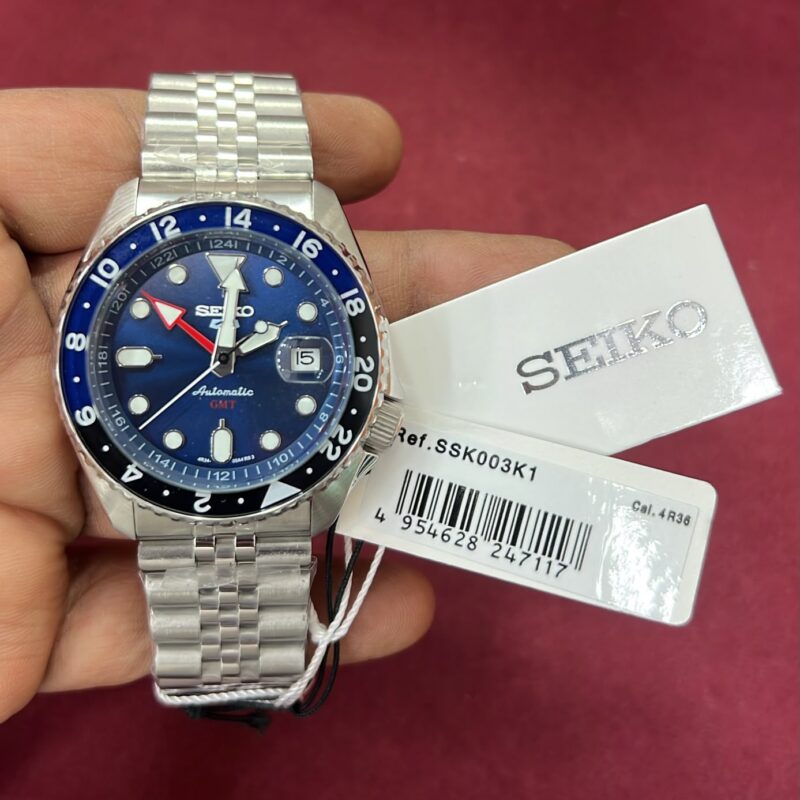 Seiko 5 Sports GMT SSK003K1 Blue Dial Swiss Automatic Watch with stainless steel bracelet and blue-black GMT bezel.