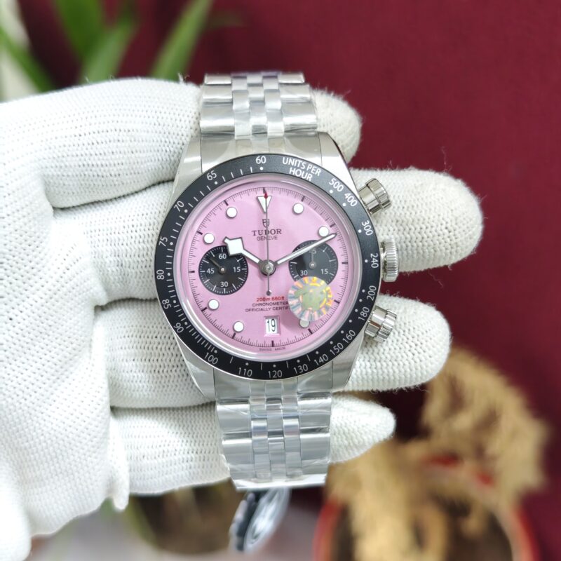 Tudor Black Bay Chronograph Steel Pink Dial Swiss ETA Automatic Watch with stainless steel bracelet and sapphire crystal.