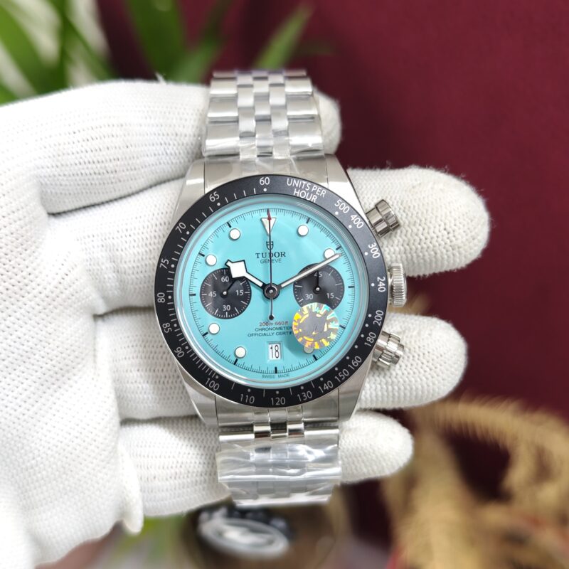 Tudor Black Bay Chronograph Steel Tiffany Dial Swiss ETA Automatic Watch with stainless steel bracelet and sapphire crystal.