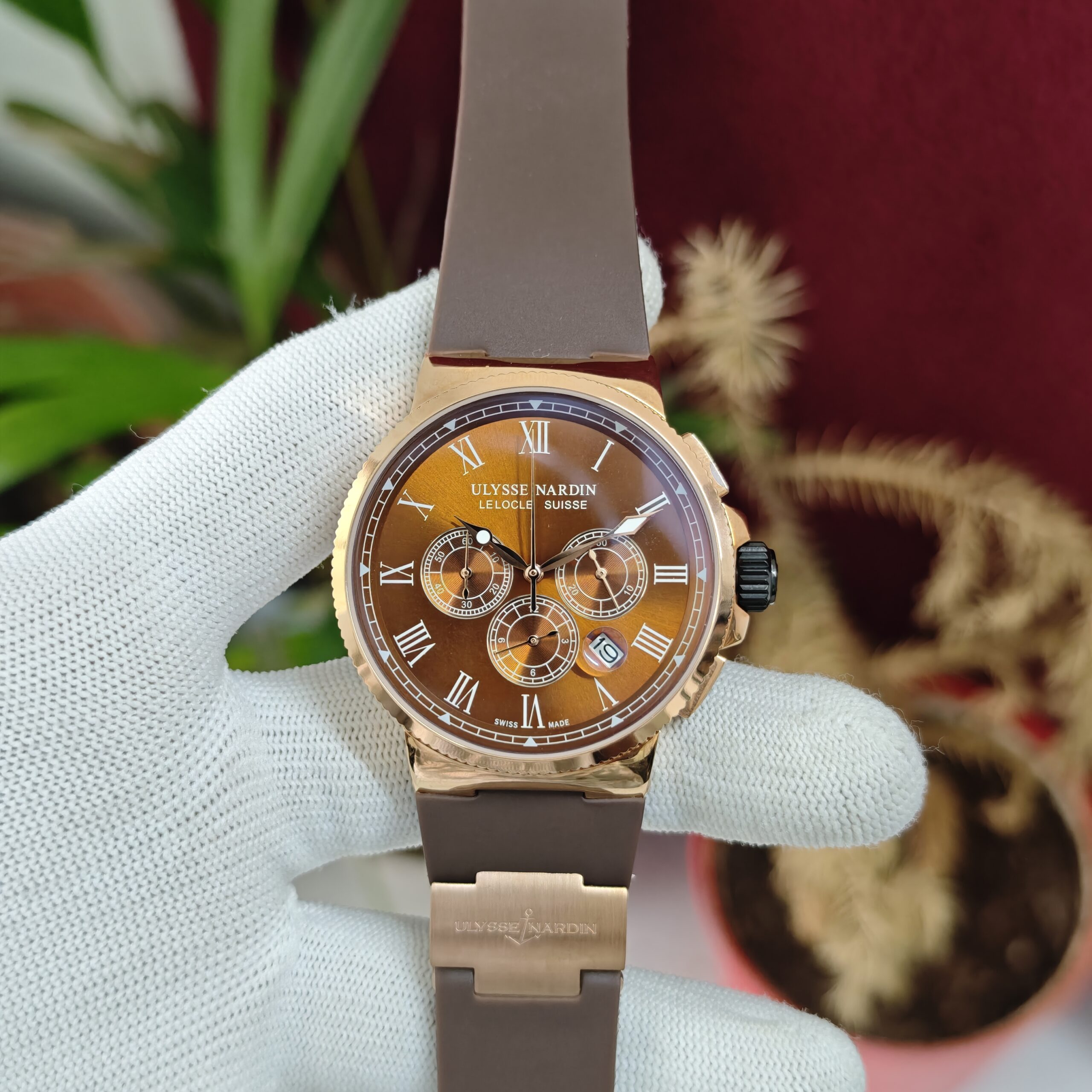Ulysse Nardin Chronograph Brown Dial Swiss Quartz Watch with luxury stainless steel case and premium chronograph design.