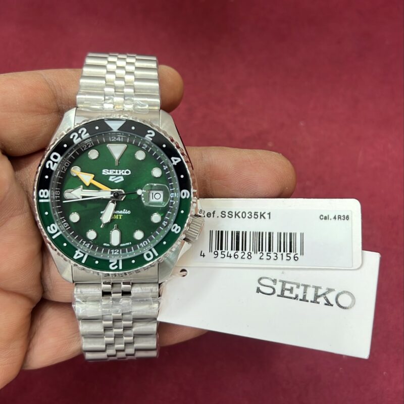 Seiko 5 Sports GMT SSK003K1 Green Dial Swiss Automatic Stainless Steel Men's Watch with GMT Function.