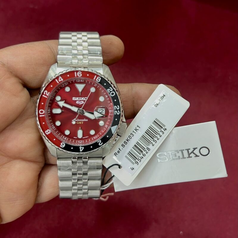 Seiko 5 Sports GMT SSK003K1 Red Dial Swiss Automatic Watch with Stainless Steel Bracelet and Dual Time GMT Function