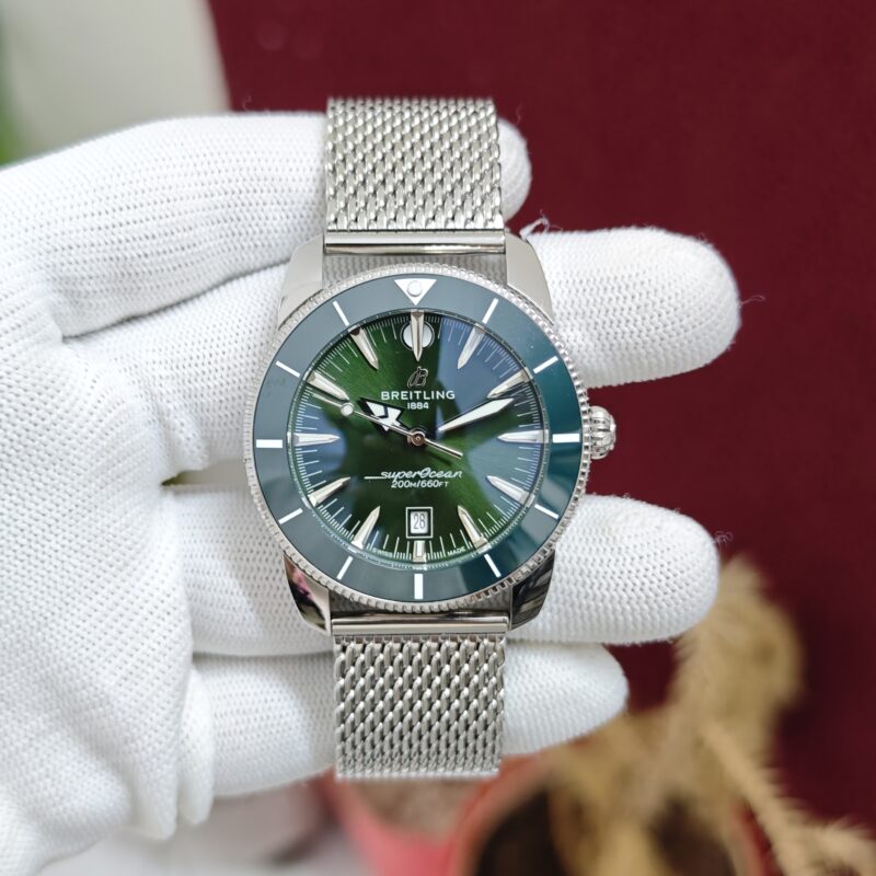 Breitling Superocean Green Dial with Stainless Steel Mesh Strap Swiss Quartz Watch