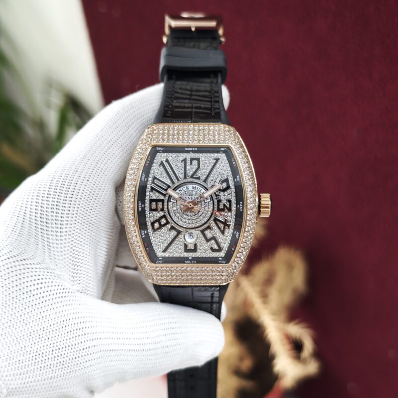 Franck Muller Vanguard Diamond Dial with Black Leather Strap Swiss Quartz Watch