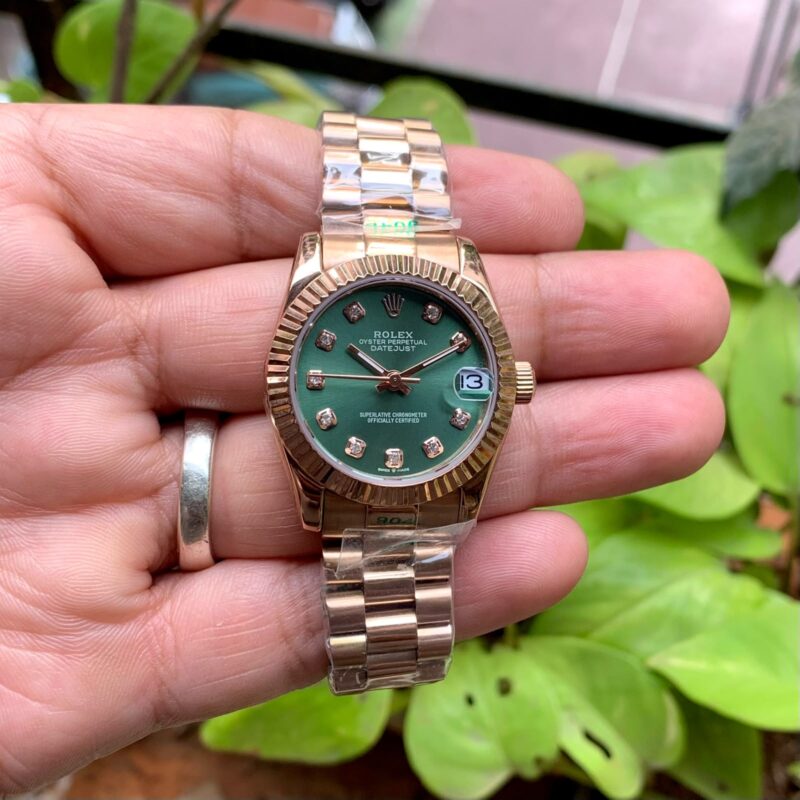Rolex Oyster Perpetual Datejust Green Dial Rose Gold Bracelet Strap Swiss Automatic Watch