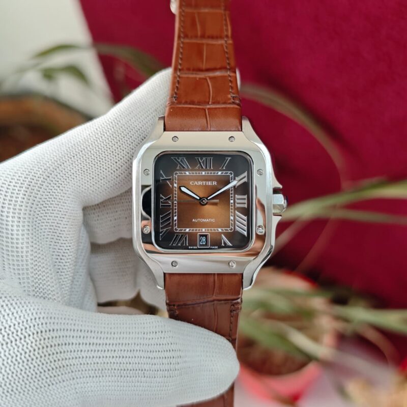 Cartier Santos 100–style Brown Dial Brown Leather Strap automatic watch