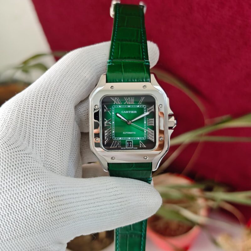 Cartier Santos 100–style Green Dial Green  Leather Strap automatic watch