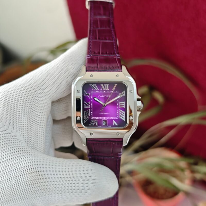 Cartier Santos 100–style Purple Dial Purple Leather Strap automatic watch