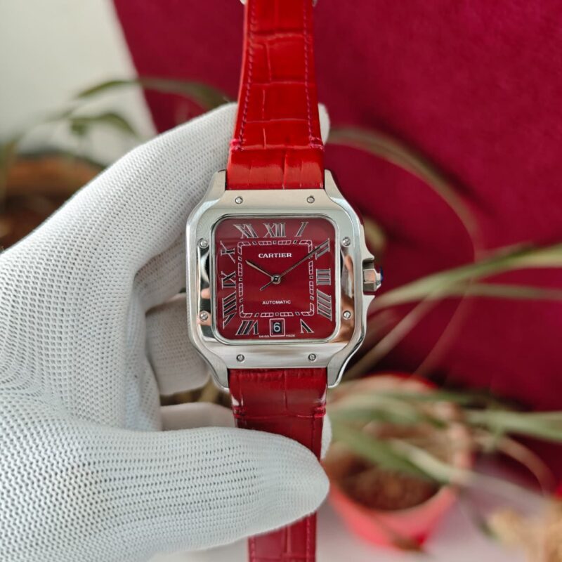 Cartier Santos 100–style Red Dial Red Leather Strap automatic watch