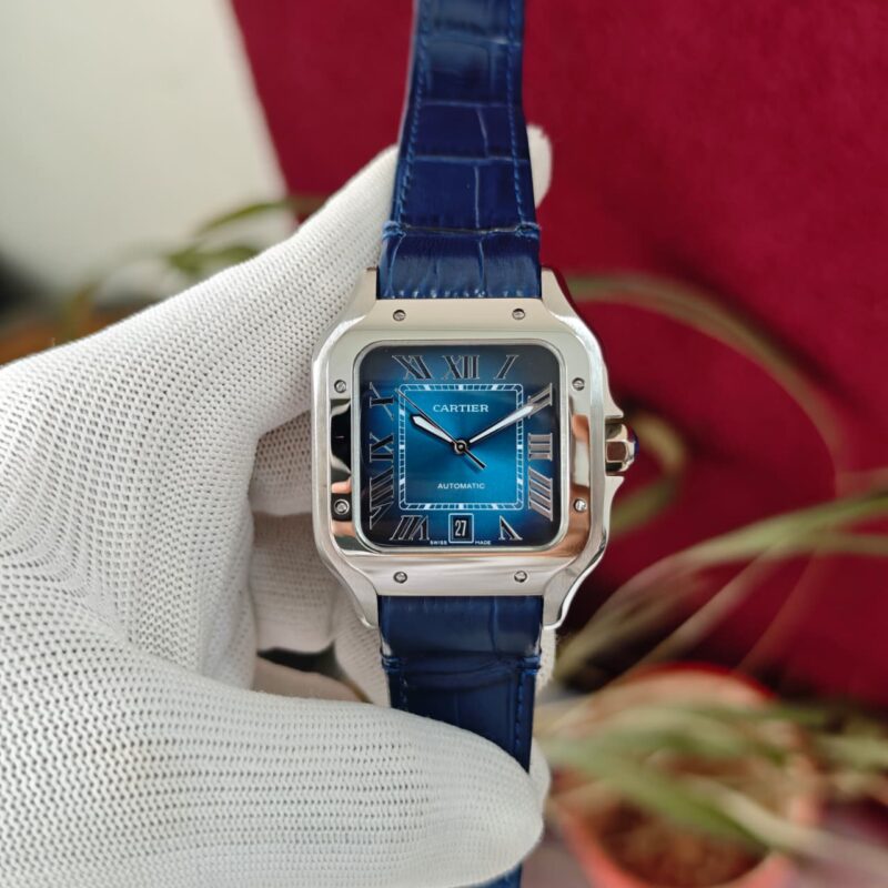 Cartier Santos 100–style Blue Dial Blue Leather Strap automatic watch