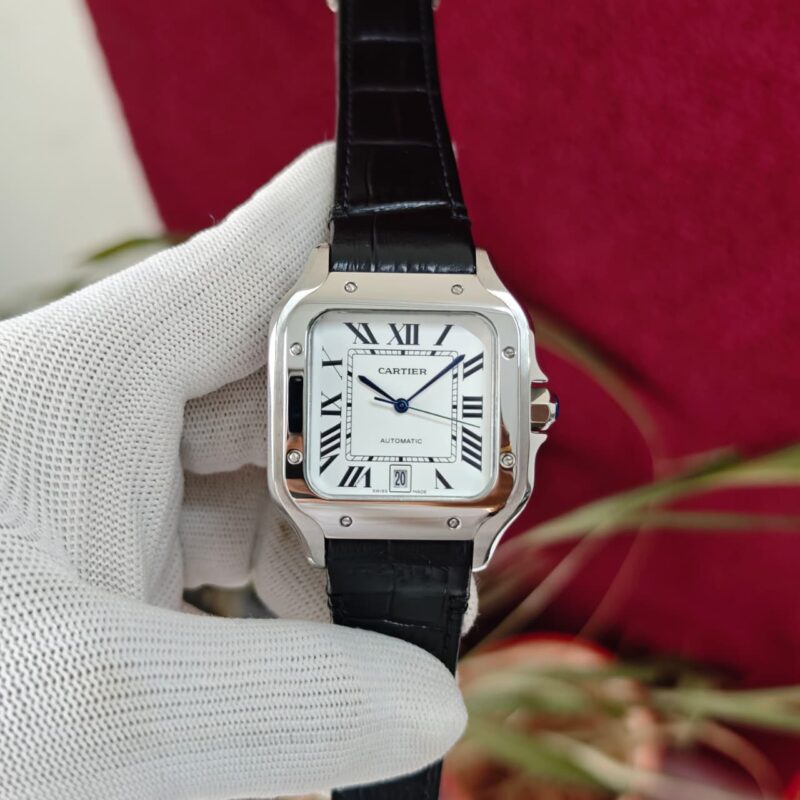 Cartier Santos 100–style White Dial Black Leather Strap automatic watch