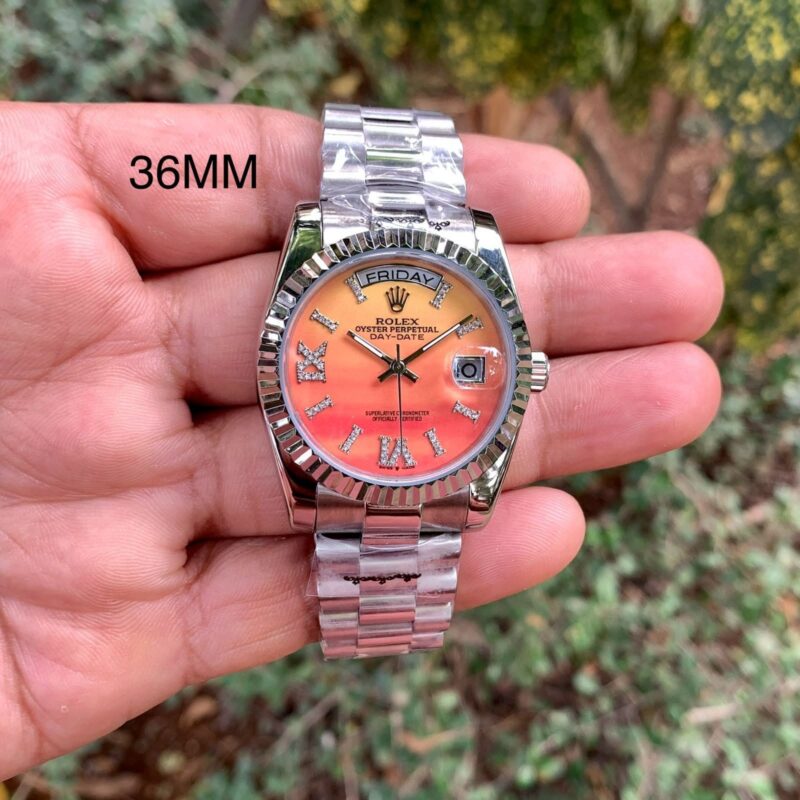 Rolex Day-Date style design Orange Dial Stainless Steel Mesh Bracelet Strap Swiss Automatic Watch